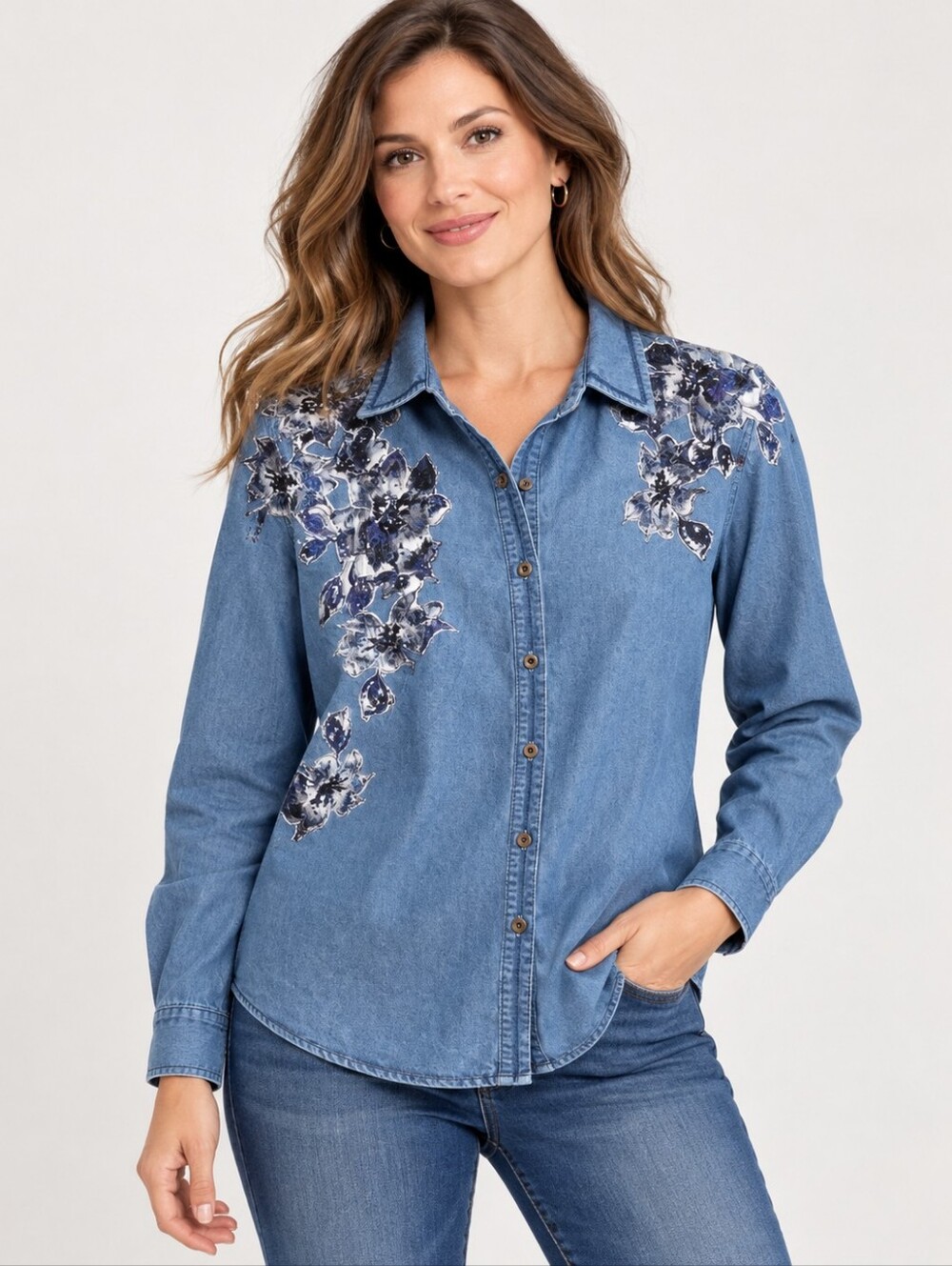 Hannah Floral Denim Button-Up Shirt Women’s Large Long Sleeve Chambray Jean Top